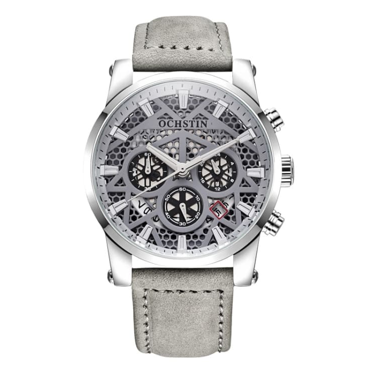 Ochstin 5052B Orologio al quarzo multifunzionale in pelle impermeabile per affari (argento+grigio) - Immagine 1
