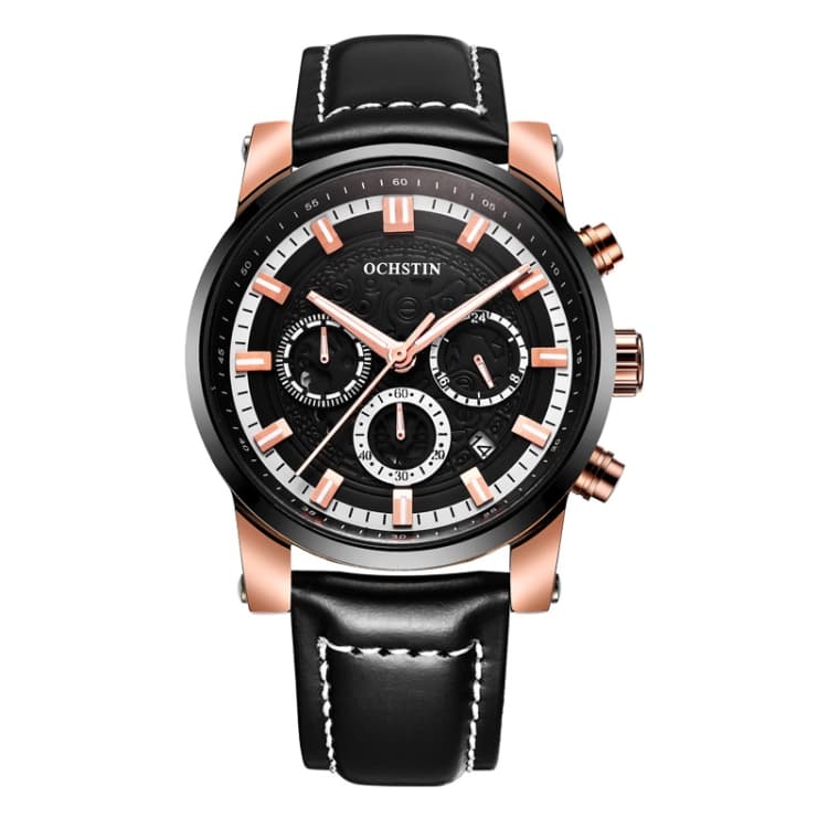 Ochstin 5111B Orologio al quarzo multifunzionale impermeabile in pelle con cinturino luminoso (oro rosa + nero) - Immagine 1