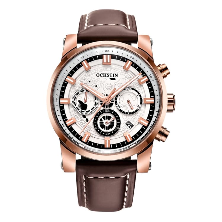 Ochstin 5111B Orologio al quarzo multifunzionale impermeabile in pelle con cinturino luminoso (Rosa oro + Caffè) - Immagine 1