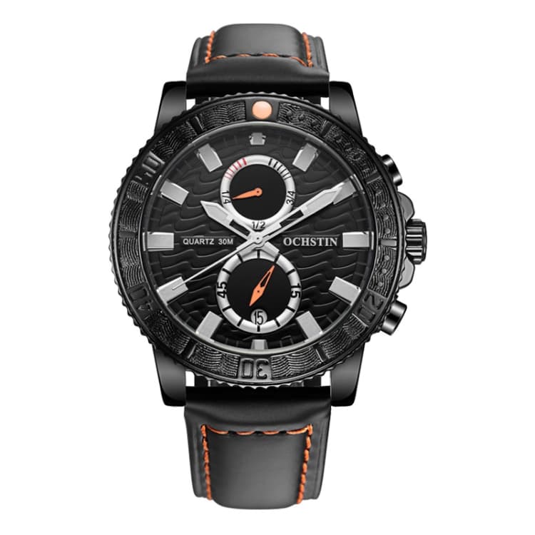 Ochstin 6045A Orologio multifunzione al quarzo con cinturino in pelle genuina luminoso (Nero+Nero) - Immagine 1