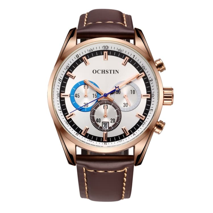 Ochstin 6046A Orologio da uomo in pelle stile business al quarzo (Rosa oro + Caffè) - Immagine 1