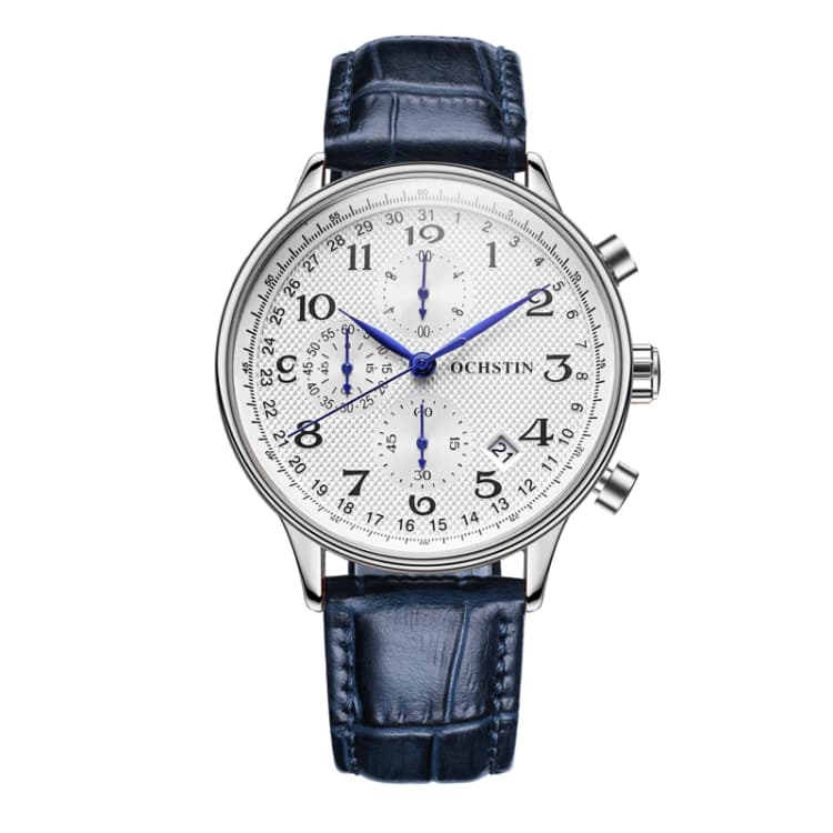 Ochstin 6050C Orologio multifunzione al quarzo in pelle per uomo (argento+blu) - Immagine 1