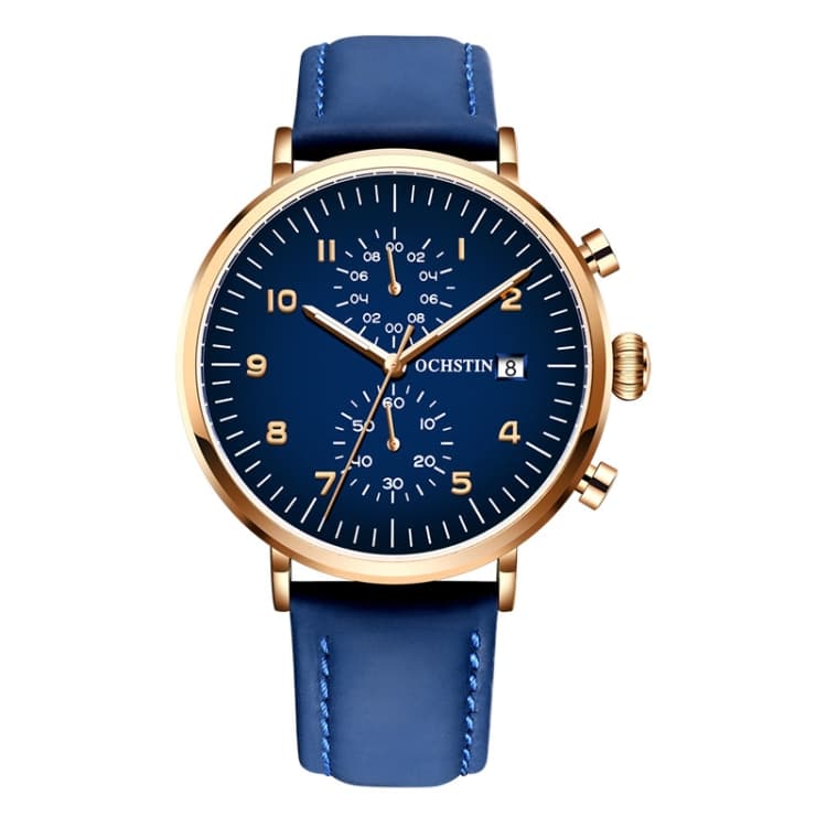 OCHSTIN 6076C Multifunctional Quartz Waterproof Men Leather Watch(Rose Gold+Blue) - Immagine 1