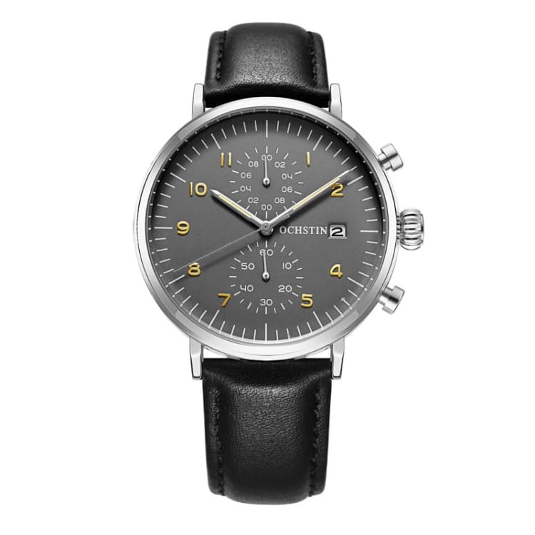 OCHSTIN 6076C Multifunctional Quartz Waterproof Men Leather Watch(Silver+Grey+Black) - Immagine 1