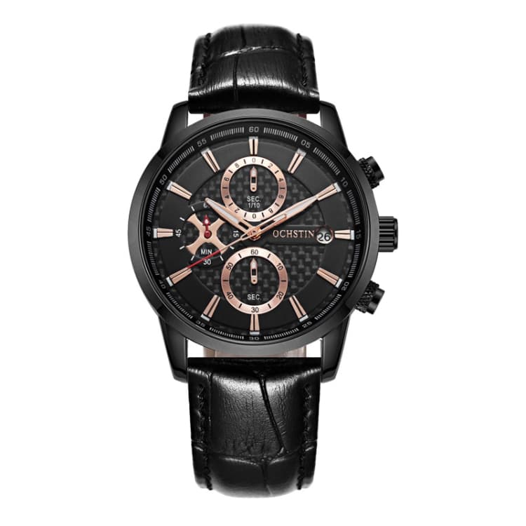 OCHSTIN 6085B Multifunctional Quartz Waterproof Men Leather Watch(Black) - Immagine 1