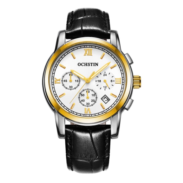 OCHSTIN 6097B Multifunctional Quartz Waterproof Luminous Men Leather Watch(Gold+White+Black) - Immagine 1
