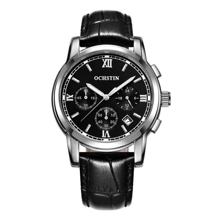 OCHSTIN 6097B Multifunctional Quartz Waterproof Luminous Men Leather Watch(Silver+Black) - Immagine 1