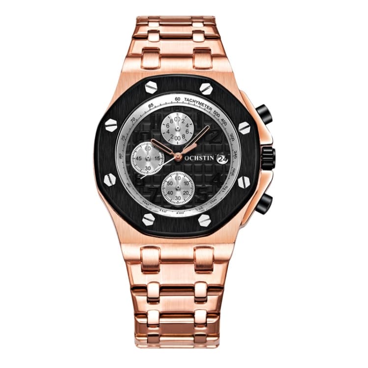 OCHSTIN 6100D Multifunctional Quartz Waterproof Luminous Steel Strap Men Watch(Black+Rose Gold) - Immagine 1
