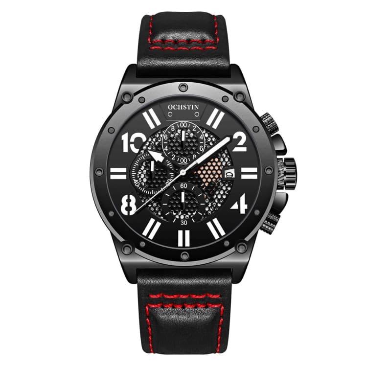 Ochstin 6122 Multi Function Quartz Watch Sports Luminous Waterproof Watch Calendar Leather Men Watch(Black) - Immagine 1