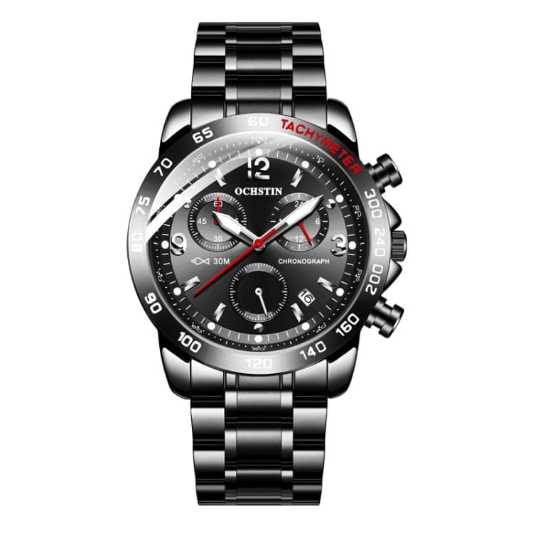OCHSTIN 6123B Multifunctional Quartz Waterproof Luminous Steel Strap Men Watch(Black 01) - Immagine 1