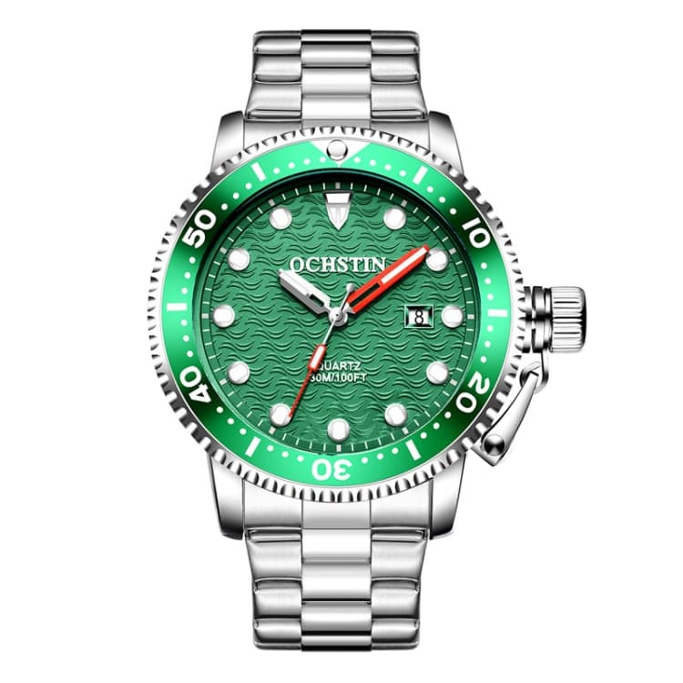 OCHSTIN 7003A Multifunctional Quartz Waterproof Luminous Steel Strap Men Watch(Silver+Green) - Immagine 1