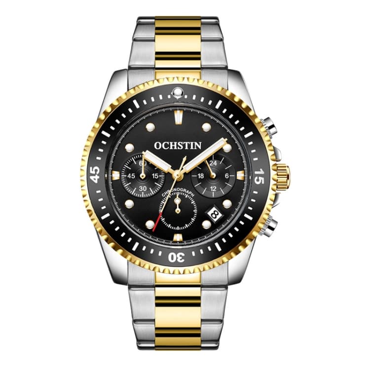 OCHSTIN 7019C Multifunctional Quartz Waterproof Luminous Steel Strap Men Watch(Black+Gold) - Immagine 1