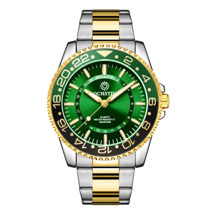 OCHSTIN 7019D Multifunctional Quartz Waterproof Luminous Steel Strap Men Watch(Green+Gold) - Immagine 1