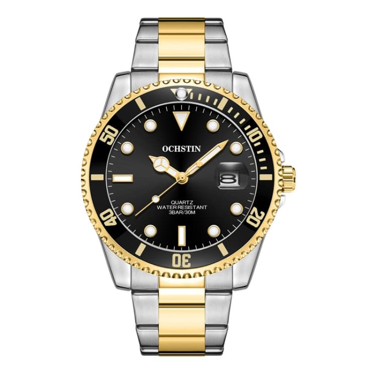 OCHSTIN 7019E Multifunctional Quartz Waterproof Luminous Steel Strap Men Watch(Black+Gold) - Immagine 1