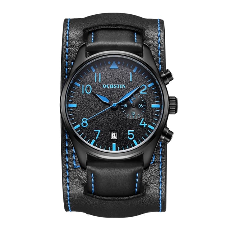 Ochstin 7228 Orologio al quarzo multifunzionale in pelle impermeabile da polso (Nero+Blu) - Immagine 1