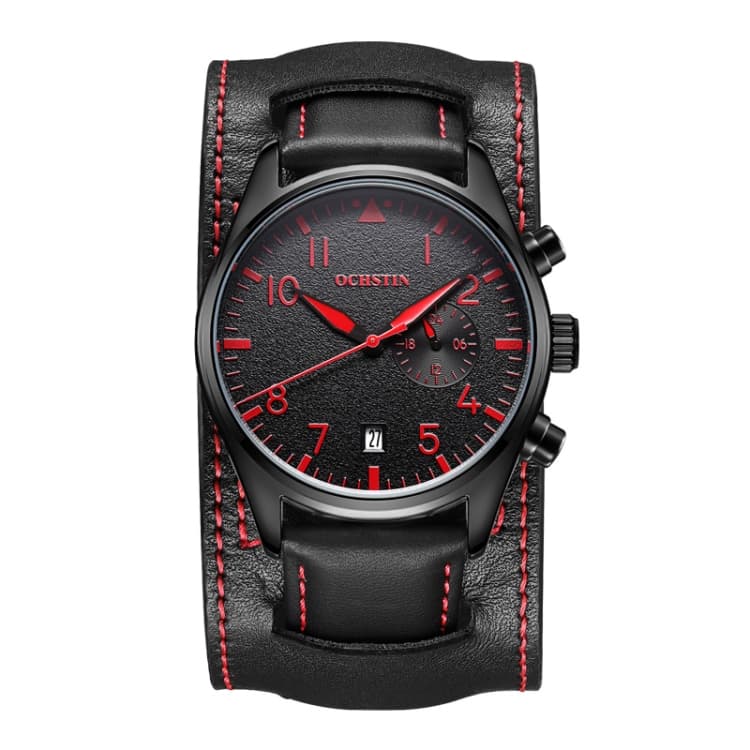 Ochstin 7228 Orologio al quarzo multifunzionale in pelle impermeabile per affari (nero+rosso) - Immagine 1