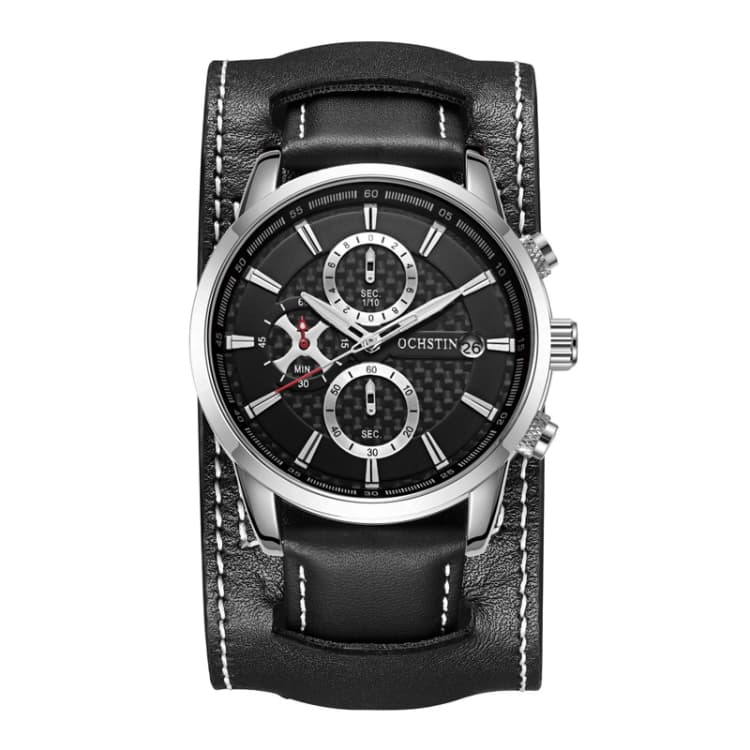 Ochstin 7231 Orologio al quarzo multifunzionale in pelle impermeabile da polso (argento+nero) - Immagine 1