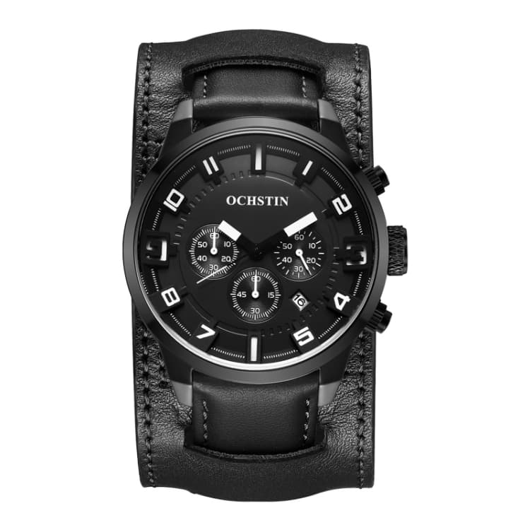Ochstin 7236 Orologio al quarzo multifunzionale in pelle impermeabile per polso da uomo (Nero+Nero) - Immagine 1