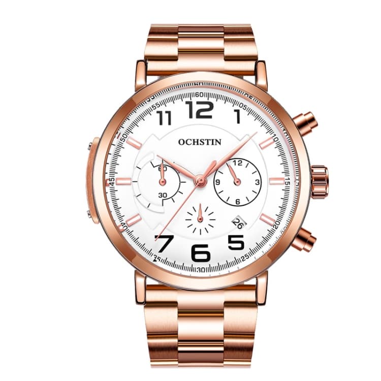 OCHSTIN 7243 Men Fashion Steel Strap Multifunctional Quartz Watch(Rose Gold White) - Immagine 1
