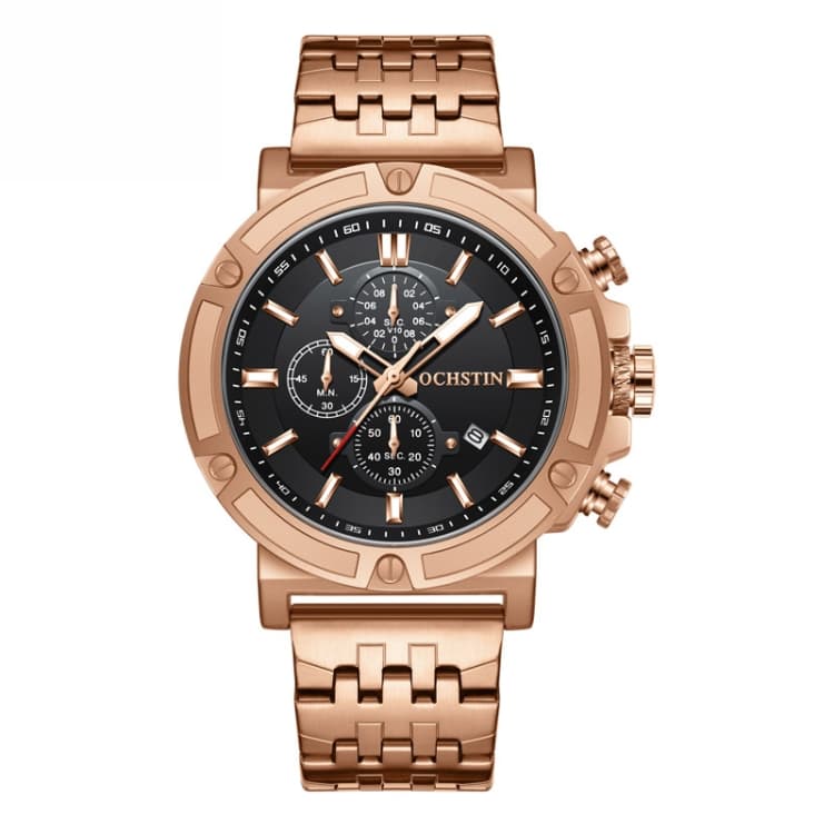 OCHSTIN 7247 Fashion Steel Strap Multifunctional Quartz Men Watch(Rose Gold Black) - Immagine 1