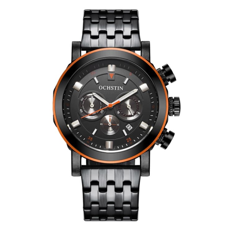 OCHSTIN 7254 Fashion Steel Strap Multifunctional Quartz Men Watch(Black Orange) - Immagine 1