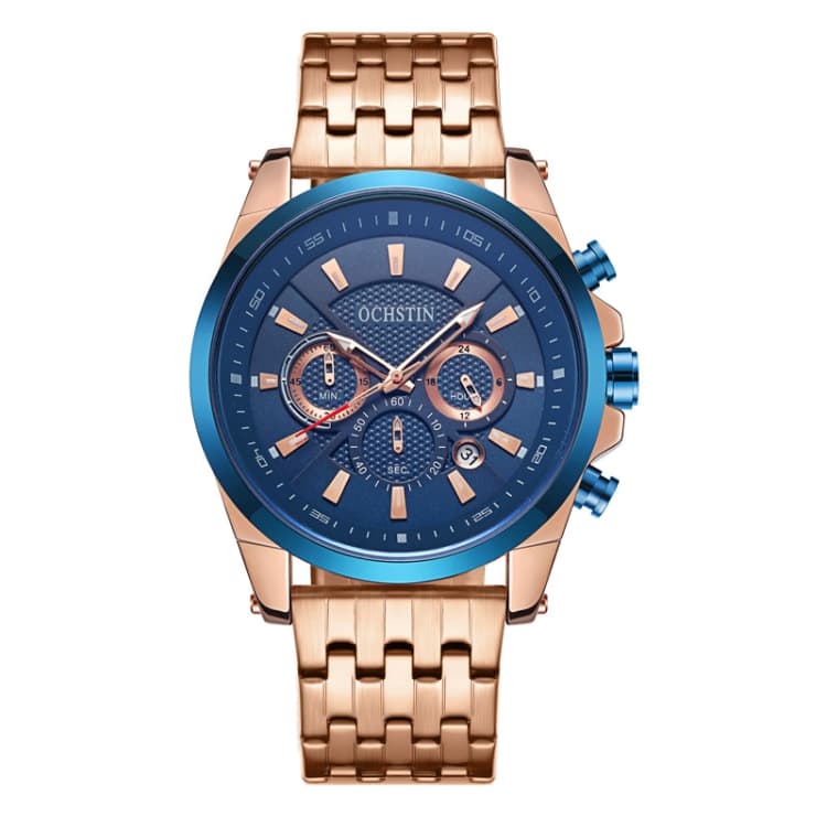 OCHSTIN 7256 Fashion Steel Strap Multifunctional Quartz Men Watch(Rose Gold Blue) - Immagine 1