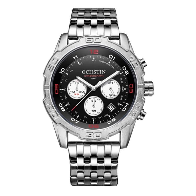 OCHSTIN 7260 Fashion Steel Strap Multifunctional Quartz Men Watch(Silver+Black) - Immagine 1