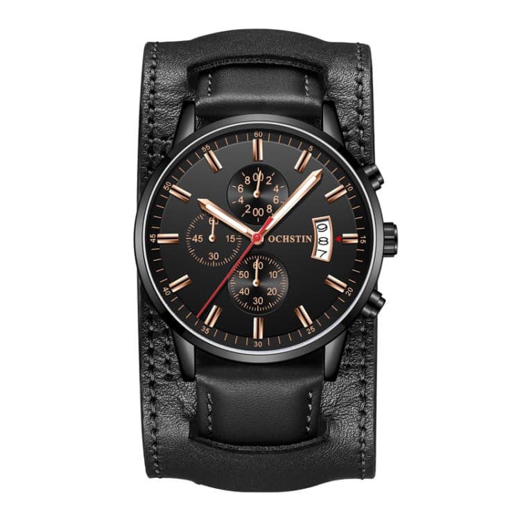 Ochstin 7266 Orologio al quarzo multifunzionale in pelle, impermeabile, luminoso (Nero+Nero) - Immagine 1