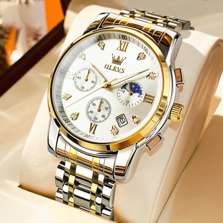 OLEVS 2858 Men Multifunctional Business Waterproof Quartz Watch(White + Gold) - Immagine 1