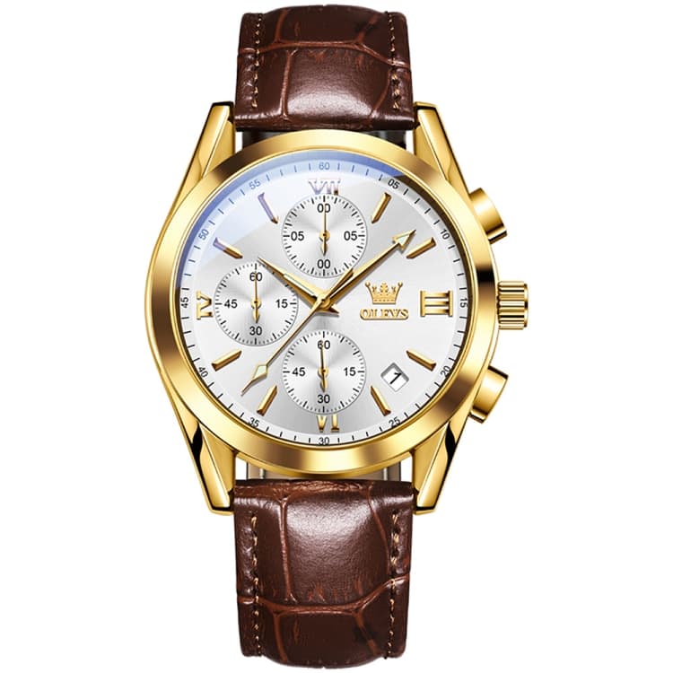 OLEVS 2872 Men Three Eyes Six Needles Chronograph Waterproof Quartz Watch(White + Gold) - Immagine 1