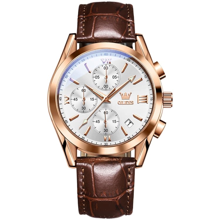 OLEVS 2872 Men Three Eyes Six Needles Chronograph Waterproof Quartz Watch(White + Rose Gold) - Immagine 1