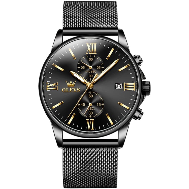 OLEVS 2886 Men Sports Chronograph Waterproof Luminous Quartz Watch(Black Gold Mesh Strip) - Immagine 1