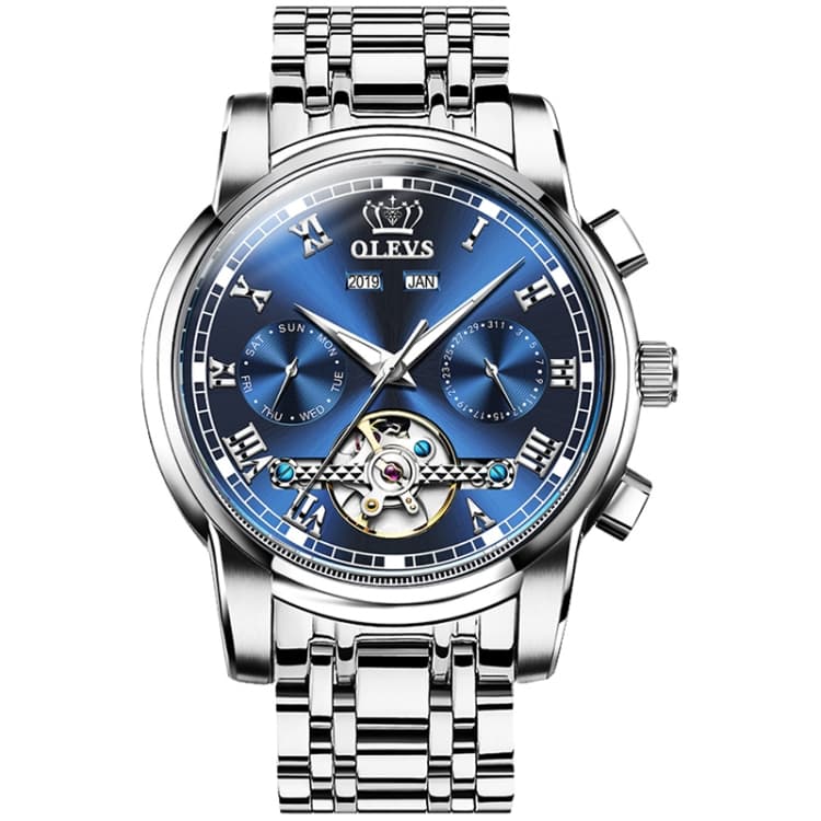 OLEVS 6607 Multi-function Men Big Flywheel Automatic Waterproof Mechanical Watch(Blue) - Immagine 1
