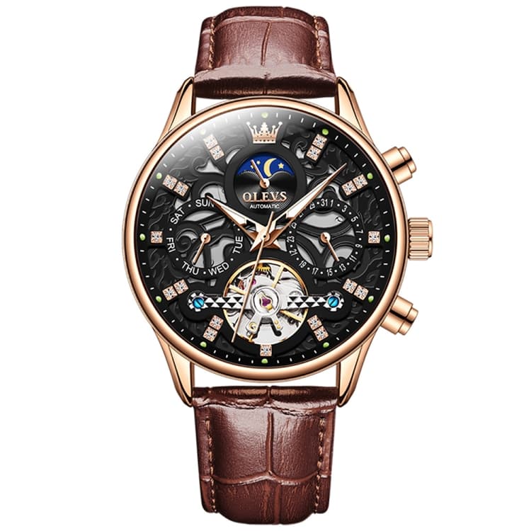 OLEVS 6658 Men Luminous Waterproof Leather Strap Mechanical Watch(Black + Rose Gold) - Immagine 1