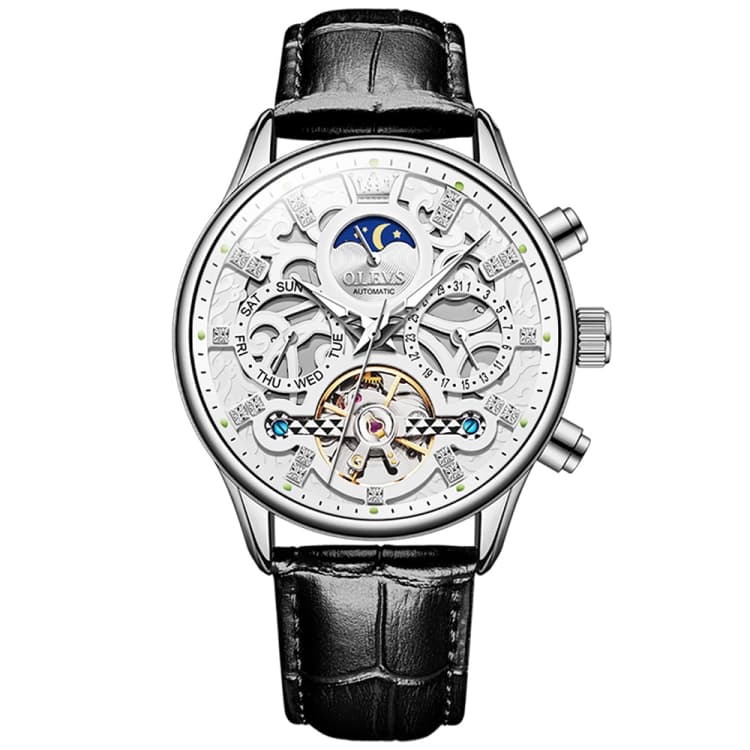 OLEVS 6658 Men Luminous Waterproof Leather Strap Mechanical Watch(White) - Immagine 1