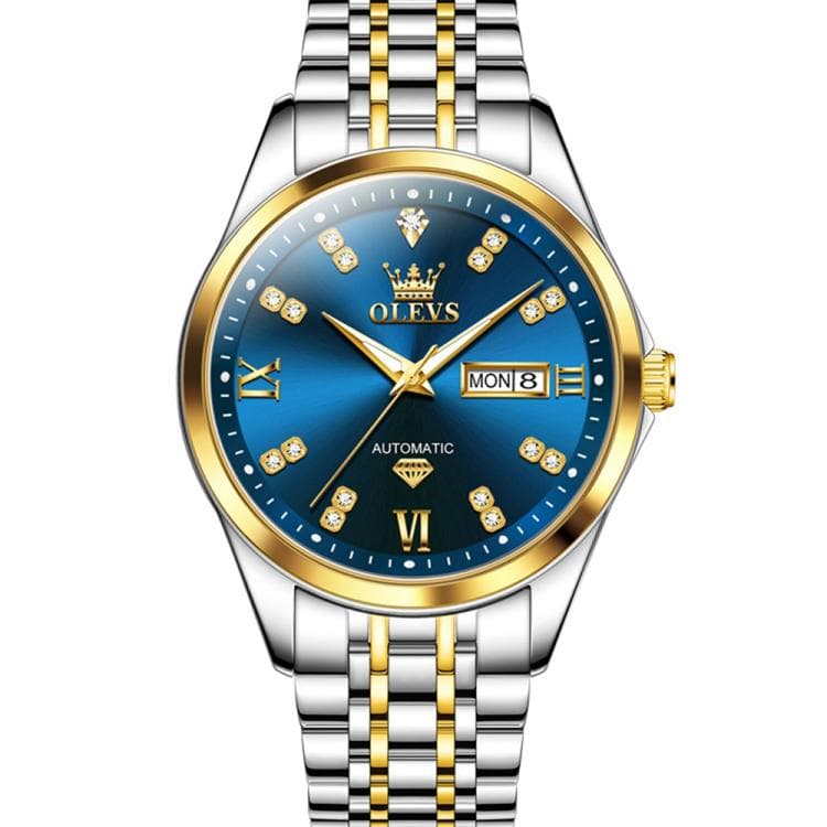 OLEVS 9801 Men Diamond Waterproof Dual Calendar Mechanical Watch(Blue Gold) - Immagine 1