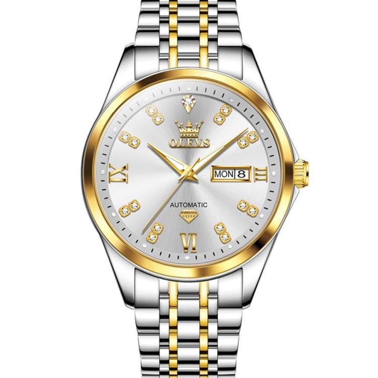 OLEVS 9801 Men Diamond Waterproof Dual Calendar Mechanical Watch(White Gold) - Immagine 1