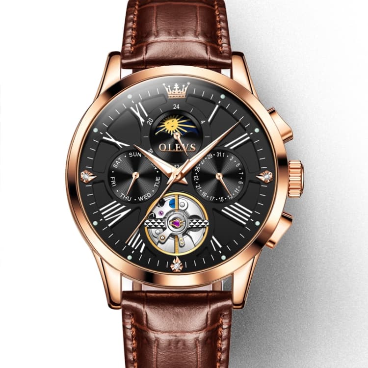 OLEVS 9912 Hollow Flywheel Week Calendar Dial Luminous Mechanical Watch for Men(Rose Gold Shell Black Surface) - Immagine 1