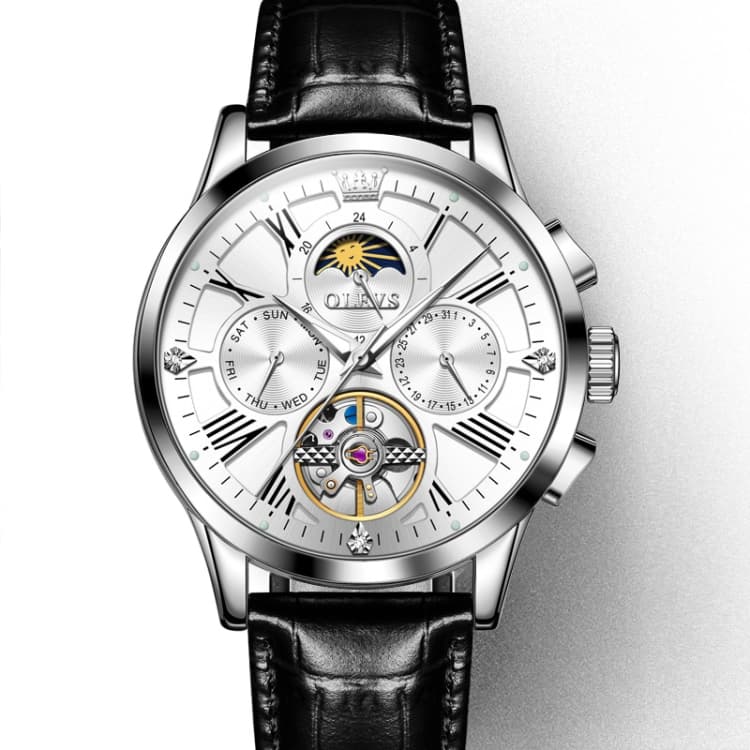 OLEVS 9912 Hollow Flywheel Week Calendar Dial Luminous Mechanical Watch for Men(Silver Shell White Surface) - Immagine 1