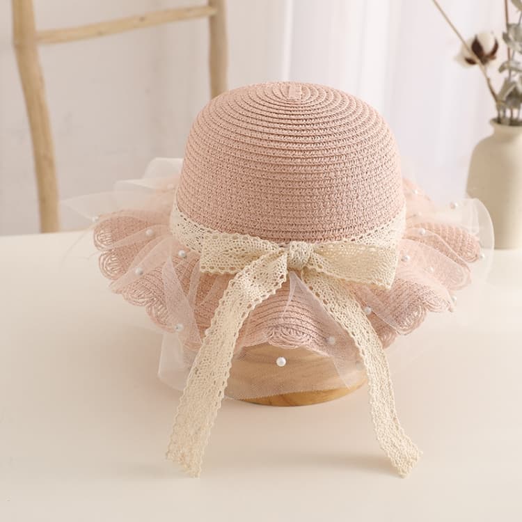Cappello a tesa larga stile principessa per adulti e bambini, cappello di paglia, 56-58 cm (Rosa) - Immagine 1
