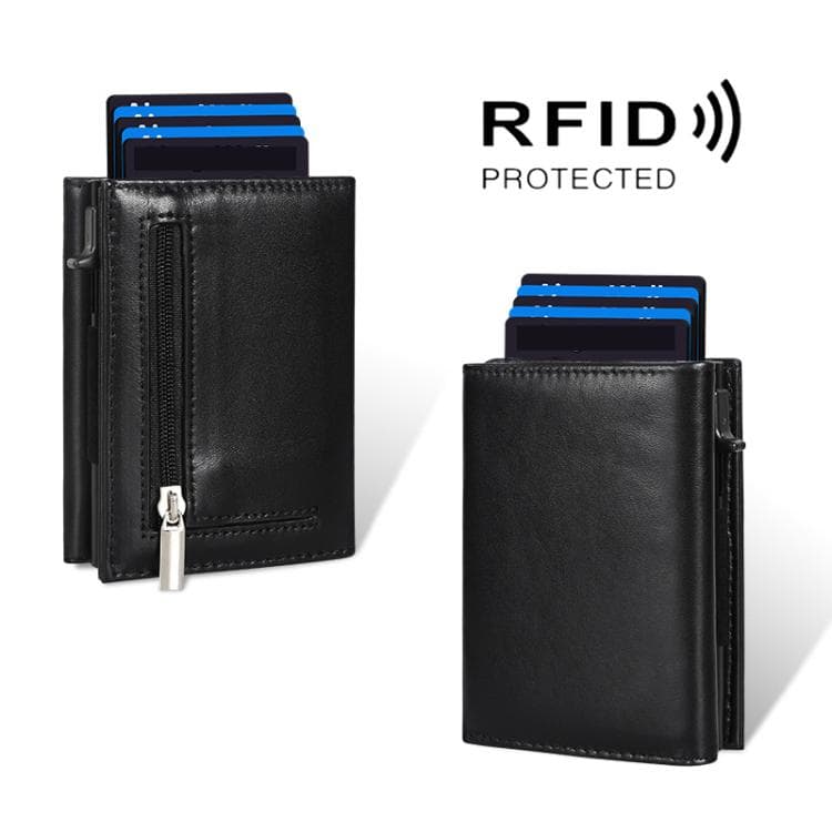 Pop-Up RFID Blocking Card Bag Wallet Genuine Leather & Aluminum Card Holder Zipper Coin Bag(Black) - Immagine 1
