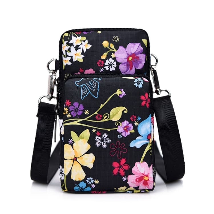 Printed Crossbody Mobile Phone Bag Mini Wallet With Arm Band, Style: Black Flower - Immagine 1