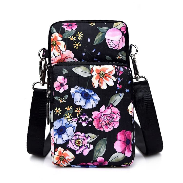 Printed Crossbody Mobile Phone Bag Mini Wallet With Arm Band, Style: Black Flower1 - Immagine 1