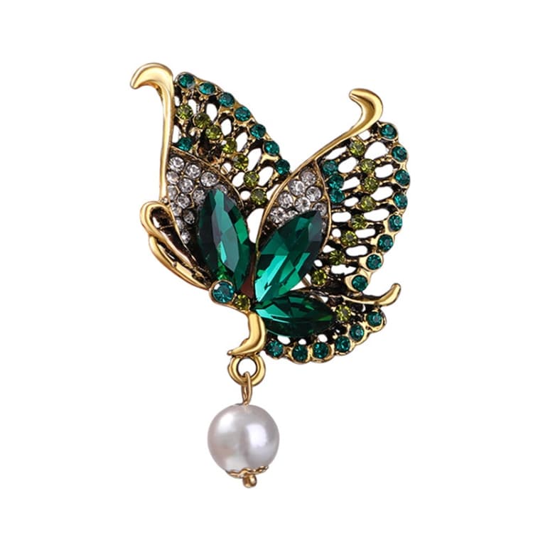 Spilla farfalla retrò colorata con strass, spilla per donna, perla di cristallo, ornamento per abbigliamento (Verde) - Immagine 1