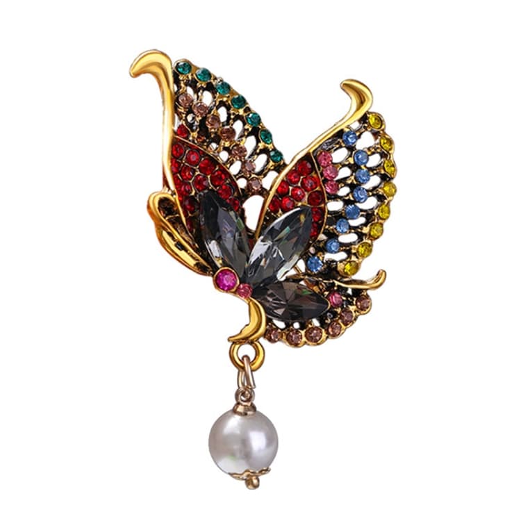 Spilla farfalla retrò colorata con strass, spilla per donna, perla di cristallo, ornamenti per abbigliamento (Rosso) - Immagine 1