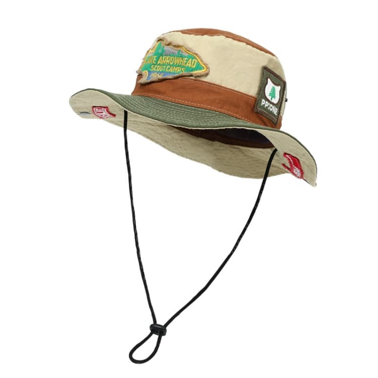 Cappello da pescatore retrò da montagna con toppe, cappello parasole da esterno, cappello da cowboy, taglia unica 55-59 cm (marrone cachi + verde militare) - Immagine 1