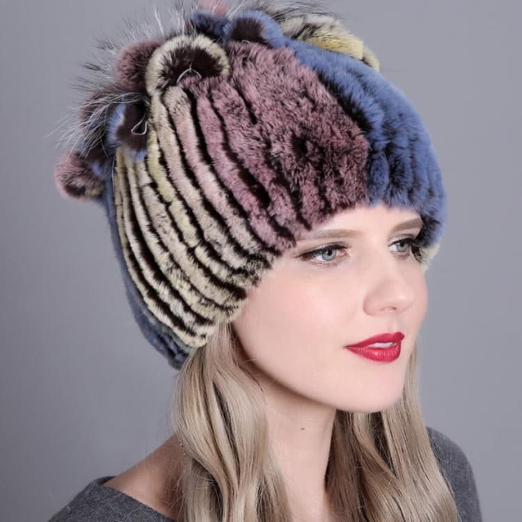 Rex Rabbit Fur Woven Female Models Leather Warm Thickening Colorful Knit Hat(Color21) - Immagine 1