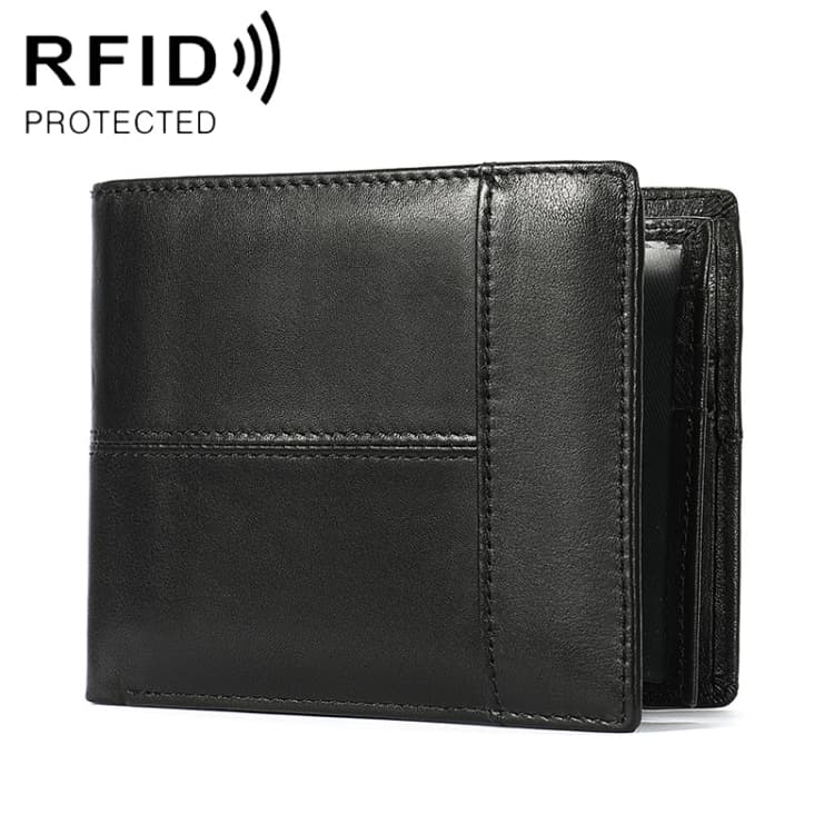 RFID Anti-Theft Short Mens Wallet Multi-Card Slot Cowhide Coin Purse(Black) - Immagine 1