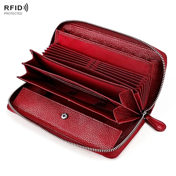 RFID Lychee Texture Fashion Organ Clutch Ladies Zipper Long Change Bag(Red Wine) - Immagine 1