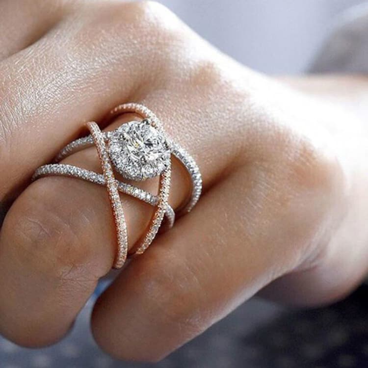 Rose Gold-plated Color Separation Ring Creative Cross Zircon Engagement Ring(7) - Immagine 1